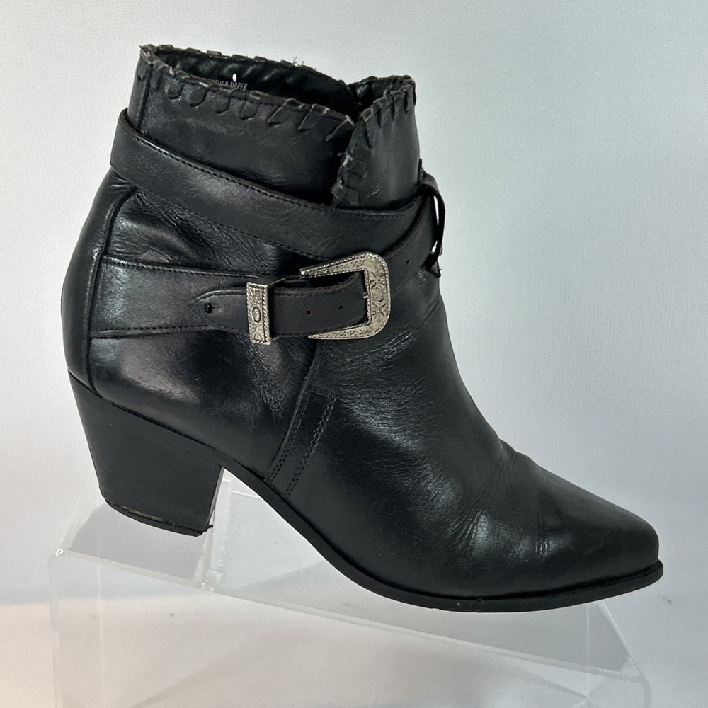 Vtg Dingo Black Leather Ankle Boots Women's 10M Silver Side Buckle Western Goth